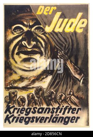 Vintage World war II Propaganda Poster 'der Jude' 'Kriegstreiber' 'war Prolonger'. 1940er Jahre Deutsches antisemitisches antijüdisches Plakat. Eine theatralische Enthüllung eines fiesen Stereotyps Karikatur eines männlichen Juden mit Bildunterschriften KRIEGSTREIBER KRIEG PROLONGER seine Botschaft ist es, Juden zu beschuldigen, den 2. Weltkrieg zu beginnen und ihn zu verewigen. Kunstwerk von Hans Schweitzer, angefertigt unter seinem beliebten Pseudonym 'Majolnir' Stockfoto