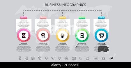 Infografiken Kreise mit 5 Schritten, Quadrate. Vektorvorlage für Diagramm, Business, Web, Banner, Workflow-Layout, Präsentationen, Infograph Stock Vektor