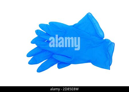 Paar blaue medizinische Handschuhe isoliert auf weißem Hintergrund Stockfoto