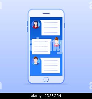 Smartphone mit Online-Chat-Anwendung. Social Media Marketing Konzept. Flaches Design mit Farbverlauf. Moderner Vektor. Stock Vektor