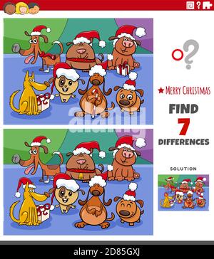 Cartoon Illustration der Suche nach Unterschieden zwischen Bildern pädagogische Spiel für Kinder mit niedlichen Hunden Gruppe auf Weihnachtszeit Stock Vektor