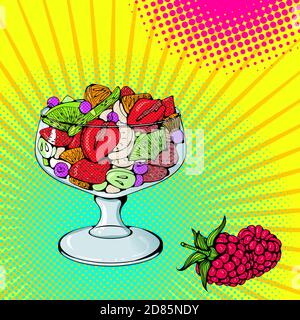 Vektor hellen farbigen Hintergrund in Pop-Art-Stil. Abbildung mit Obstsalat. Retro-Comic-Style Stock Vektor