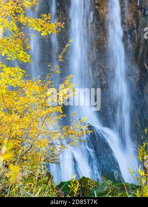 Flüssiges Wasser fließt Gießen gießen Wasserfälle Wasserfall lange Exposition hinter Herbstliche Landschaft im Nationalpark Plitvicer Seen in Kroatien Europa