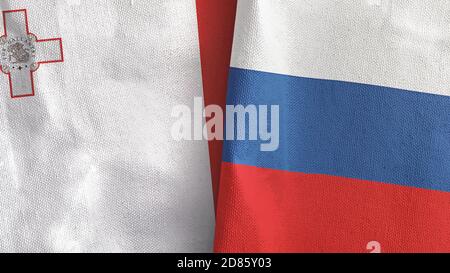 Russland und Malta zwei Flaggen Textil-Tuch 3D-Rendering Stockfoto