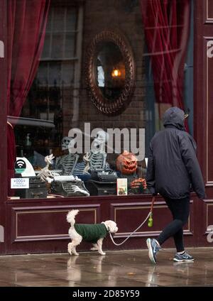 Hemingway's Restaurant in Leith, Edinburgh wurde mit Skeletten dekoriert. Das Restaurant ist leer, da es während der aktuellen Sperrungen im Zentralgürtel Schottlands geschlossen bleiben muss. Stockfoto