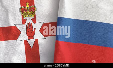 Russland und Nordirland zwei Flaggen Textil Stoff 3D-Rendering Stockfoto
