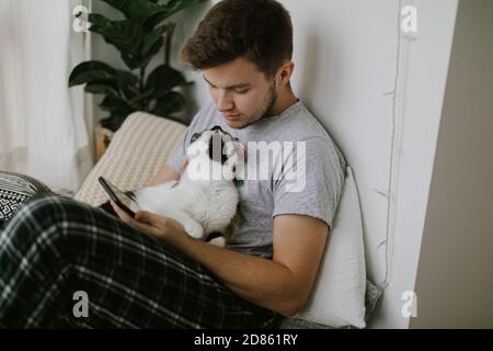 Nette Katze spielen und küssen Besitzer und die Aufmerksamkeit von Smartphone. Schöner Mann mit Katze sitzen und halten Telefon in der Hand in stilvollen modernen Stockfoto