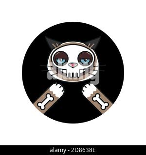 Grumpige Katze im Skelett Kostüm Aufkleber. Halloween Stock Vektor