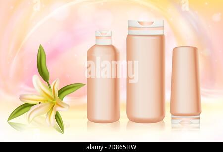 Körperpflege Kosmetik-Serie mit Lilie-Inhaltsstoff-Vektor-Illustration. Realistische 3d Kosmetikflaschen für Creme, Lotion, Duschgel oder Shampoo-Pflegemittel und Lilienblume auf weichem rosa Hintergrund Stock Vektor