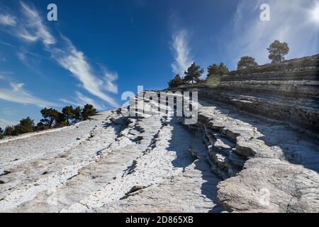 Die Spitze der Klippe mit Bäumen gegen den hellen blauen Himmel mit Wolken, in der wilden Strandgegend. Atemberaubende Sommerlandschaft. Steiler Hang und Pinien Stockfoto