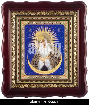 Orthodoxe Ikone der Mutter Gottes von Ostrobramskaja. Ikone in einem Holz- und Baguette-Rahmen. Rahmen unter Glas. Stockfoto