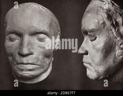 Die Totenmaske von Beethoven, geformt von Josef Danhauser etwa zwölf Stunden nach Beethovens Tod. Ludwig van Beethoven, 1770–1827. Deutscher Komponist und Pianist. Ludwig van Beethoven, 1770 - 1827, sein Leben in Bildern Stockfoto