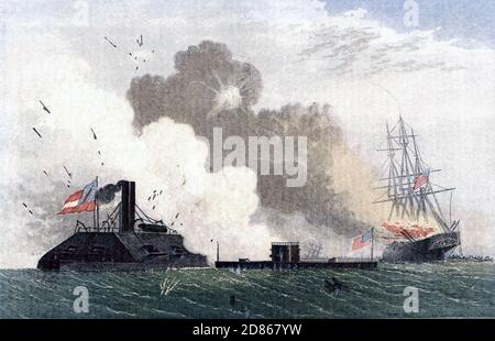 SCHLACHT VON HAMPTON ROADS MÄRZ 8-9 1862. Von links konföderierte Panzerschiffe Virginia, USS Monitor, USS Cumberland. Stockfoto