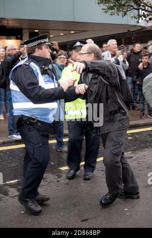 4. November 2017, London, Vereinigtes Königreich:-Unidentifizierter Protestler streift mit einem Polizisten bei einer pro-palästinensischen Kundgebung Stockfoto