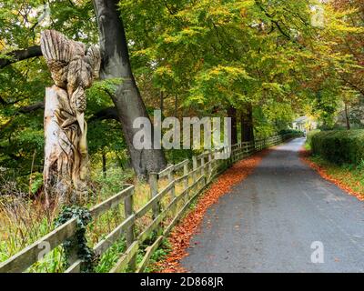 Kingfisher Baumskulptur auf Abbey Road im Herbst Knaresborough North Yorkshire Yorkshire England Stockfoto