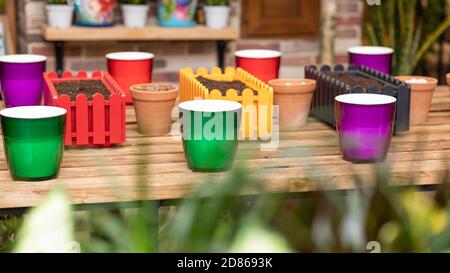 Blumentöpfe aus Kunststoff in mehreren Farben Stockfoto