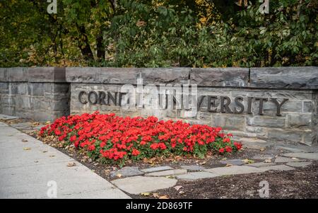 Ithaca, New York - 18. Oktober 2020: Eingang zur Cornell University an der College Avenue Bridge Stockfoto