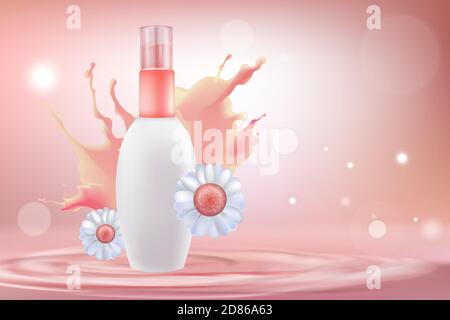 Gesichtspflege Kosmetik Vektor Illustration. 3d realistische Kunststoff weiße Flasche für die Gesichtspflege Creme oder Milchlotion mit natürlichen Kräuterbestandteil, Kamille Gänseblümchen Blumen, Kosmetologie Hintergrund Stock Vektor