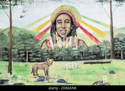 Graffiti Wandmalerei im Bob Marley Museum, 56 Hope Road, Kingston, Saint Andrew Parish, Jamaika Stockfoto