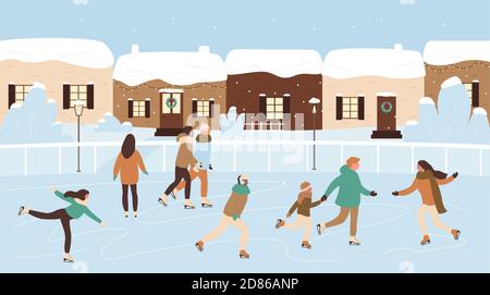 Glückliche Menschen Schlittschuhlaufen auf Eisbahn Vektor-Illustration. Cartoon Skater Figuren tragen Schlittschuhe, genießen Weihnachten und Neujahr Urlaubsaktivitäten und Outdoor-Familie Winter Weihnachten Event-Konzept Hintergrund Stock Vektor