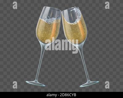 Zwei Sektgläser. Toast von Weinläsern mit funkelndem transparenten Weißwein und Blasen. Weihnachten, Neujahr isoliert Vektor-Elemente Stock Vektor