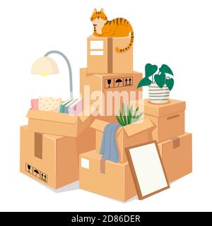 Boxen stapeln zum Bewegen. Gestapelte braune Pappverpackungen mit Sachen für den Umzug ins neue Haus. Stapel versiegelter Waren. Vector Moving Konzept Stock Vektor