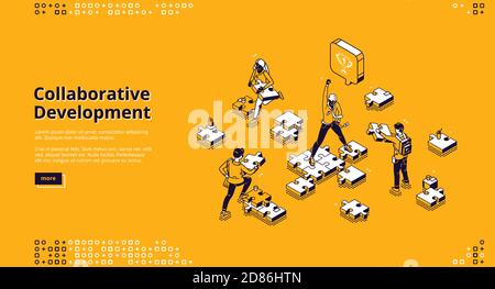 Gemeinsame Entwicklung isometrische Landing Page. Business People Team Montage getrennte Puzzleteile, Führer mit erhobener Hand. Zusammenarbeit, Partnerschaft, Teamarbeit 3d Vektor Linie Kunst Web-Banner Stock Vektor
