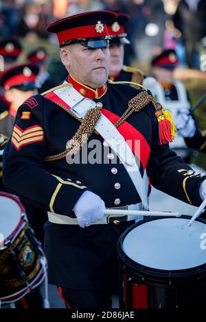 Sandhurst, Vereinigtes Königreich, 11. November 2018:- Kadetten aus Sandhurst Corps of Drums marschieren zum Sandhurst war Memorial zum 100. Jahrestag der A Stockfoto