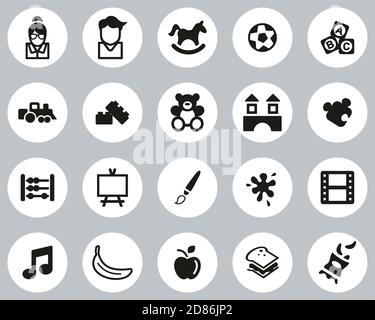 Kindergarten Oder Tagespflege Icons Schwarz & Weiß Flat Design Kreis Groß Stock Vektor