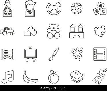 Kindergarten Oder Tagespflege Icons Black & White Thin Line Groß Einstellen Stock Vektor