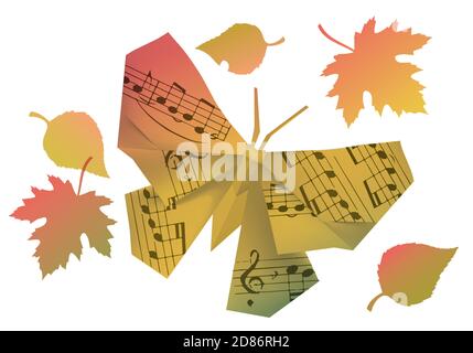 Origami Schmetterling mit Noten und Herbstblättern. Illustration von Papier-Modell des Schmetterlings in Herbstfarben symbolisieren Herbststimmung. Stock Vektor