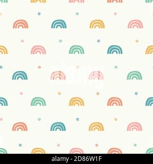 Rainbow Muster Design, niedlichen Vektor nahtlose Wiederholung Hintergrund der bunten Regenbogen und Sterne. Ideal für Kinder- und Babyprojekte. Stock Vektor