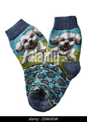 Ein Paar Wollsocken auf weißem Hintergrund Stockfoto