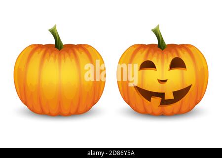 Vektor Cartoon Halloween Pumpkin Laterne. Lustiges Gesicht und blank. Nahaufnahme auf weißem Hintergrund isoliert einstellen. Vorderansicht. Designvorlage. Herbstferien Stock Vektor