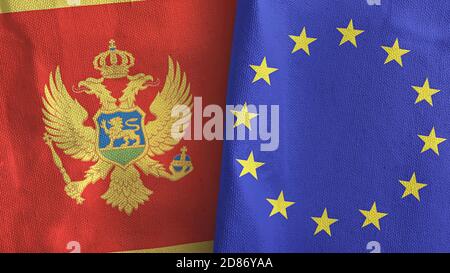 Europäische Union und Montenegro zwei Flaggen Textil Stoff 3D-Rendering Stockfoto