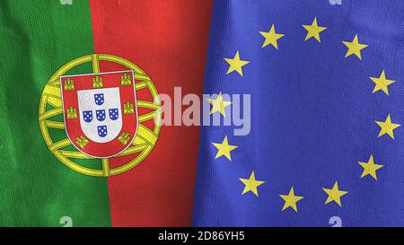 Europäische Union und Portugal zwei Flaggen Textil Stoff 3D-Rendering Stockfoto