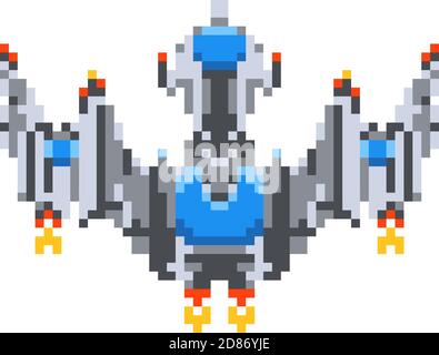 Leistungsstarkes Raumschiff, Game Hero in Pixel Art Stil auf weiß Stock Vektor