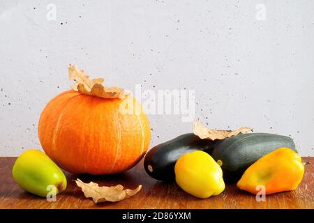 Kürbis, Zucchini, Paprika und Eichenblätter auf Holztisch auf Betonwand Hintergrund. Herbsternte Zusammensetzung Stockfoto