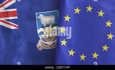 Europäische Union und Falklandinseln zwei Flaggen Textiltuch 3D Rendering Stockfoto