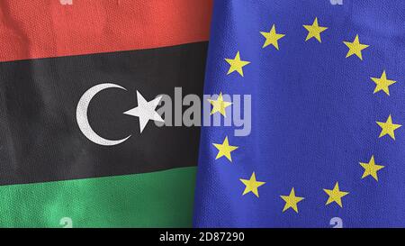 Europäische Union und Libyen zwei Flaggen Textil Stoff 3D-Rendering Stockfoto