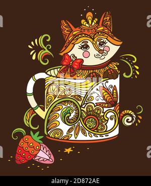 Cute kawaii Fuchs in einer Tasse. Erwachsenen-Antistress-Illustration mit Tier im Tangle-Stil isoliert auf braunem Hintergrund. Bunte Vektorgrafik für pri Stock Vektor