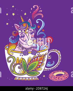 Niedliches Kawaii Einhorn in einer Tasse. Erwachsenen-Antistress-Illustration mit Tier im Tangle-Stil isoliert auf violettem Hintergrund. Farbenfrohe Vektorgrafik fo Stock Vektor