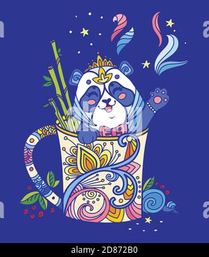 Niedliche Kawaii Panda in einer Tasse. Erwachsenen-Antistress-Illustration mit Tier im Tangle-Stil isoliert auf blauem Hintergrund. Bunte Vektorgrafik für PR Stock Vektor