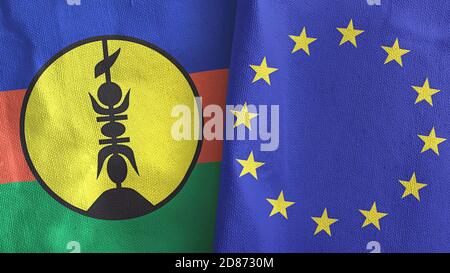 Europäische Union und Neukaledonien zwei Flaggen Textiltuch 3D Rendering Stockfoto