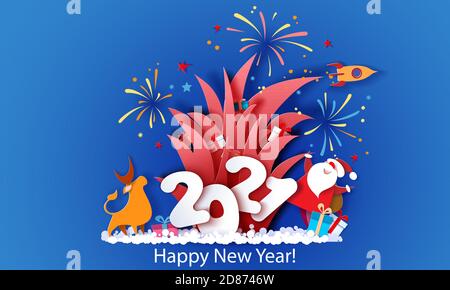 Neues Jahr Werbedesign. Weihnachtsmann mit Stier und Feuerwerk über großen Buchstaben 2021 auf blauem Hintergrund. Vektor Papier schneiden Kunst Illustration für Werbebanner, Header, Poster, Aufkleber Stock Vektor