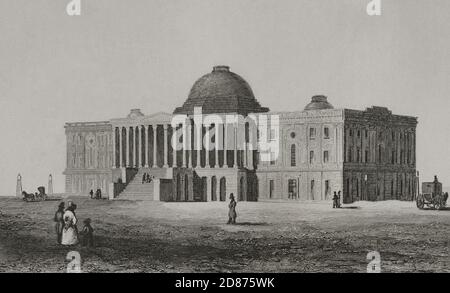 United States Capitol, Washington D.C. der erste Grundstein wurde am 18. September 1793 gelegt, während der ersten großen öffentlichen Veranstaltung in der Bundesstadt. Das ursprüngliche Gebäude wurde 1800 fertiggestellt. Aufgrund der Verbrennung Washingtons im Jahr 1814 wurde das Gebäude innerhalb von fünf Jahren vollständig restauriert. Das Gebäude des Kapitols der Vereinigten Staaten, mit dem Aussehen seiner ersten Bauphase. Gravur von Arnout. Panorama Universal. Geschichte der Vereinigten Staaten von Amerika, ab 1. Auflage von Jean B.G. Roux de Rochelle's Etats-Unis d'Amérique im Jahr 1837. Spanische Ausgabe, gedruckt in Barcelo Stockfoto