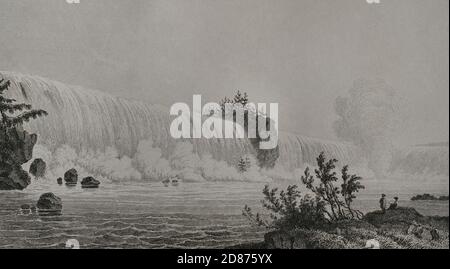 Usa. Niagarafälle. Gravur von Milbert. Panorama Universal. Geschichte der Vereinigten Staaten von Amerika, ab 1. Auflage von Jean B.G. Roux de Rochelle's Etats-Unis d'Amérique im Jahr 1837. Spanische Ausgabe, gedruckt in Barcelona, 1850. Stockfoto