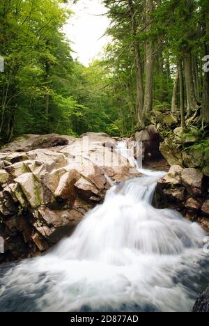 Wasser, das über Felsen in einem Gebirgsbach in New Hampshire, USA, kaskadiert. Langsame Verschlusszeit, die verwendet wird, um die Bewegung des Wassers zu verwischen Stockfoto