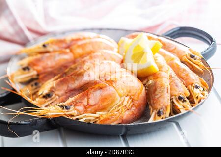 Gekochte Tigergarnelen auf der Pfanne. Leckere Garnelen. Stockfoto