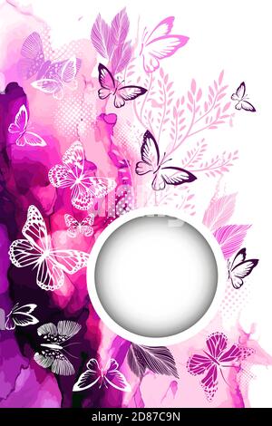 Weiße Schmetterlinge auf einem Aquarell Violet Hintergrund. Runder Rahmen für Text. Mit Liebe. Vektorgrafik Stock Vektor